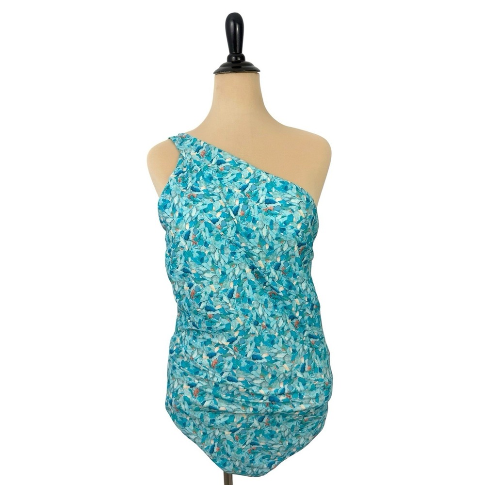 SUMMERSALT Sidestroke SWIMSUIT 22 Blue Green Print One Shoulder Full Coverage